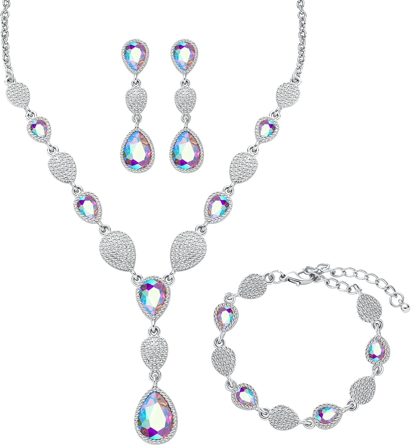 M MIRACULOUS GARDEN 3/4 Pieces Women Jewelry Set Rhinestone Tiara Crown Necklace Bangle Bracelet Crystal Teardrop Dangle Earrings and Rhinestone Handbag for Wedding Party A-Silver Plated White Rhinestone White AB Crystal Necklace Bracelet Earrings