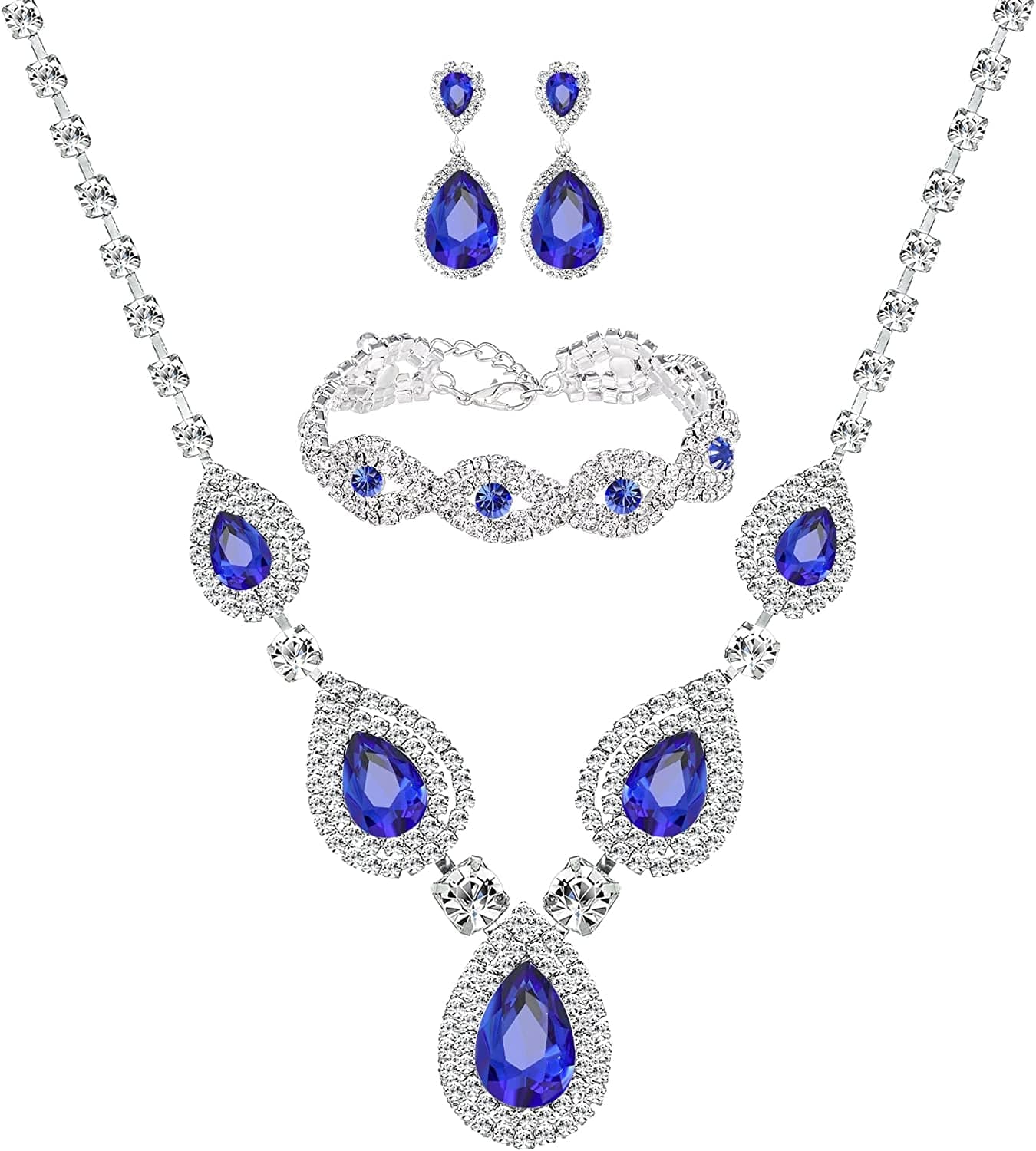 M MIRACULOUS GARDEN 3/4 Pieces Women Jewelry Set Rhinestone Tiara Crown Necklace Bangle Bracelet Crystal Teardrop Dangle Earrings and Rhinestone Handbag for Wedding Party Silver Plated Blue Crystal Necklace Bracelet Earrings set