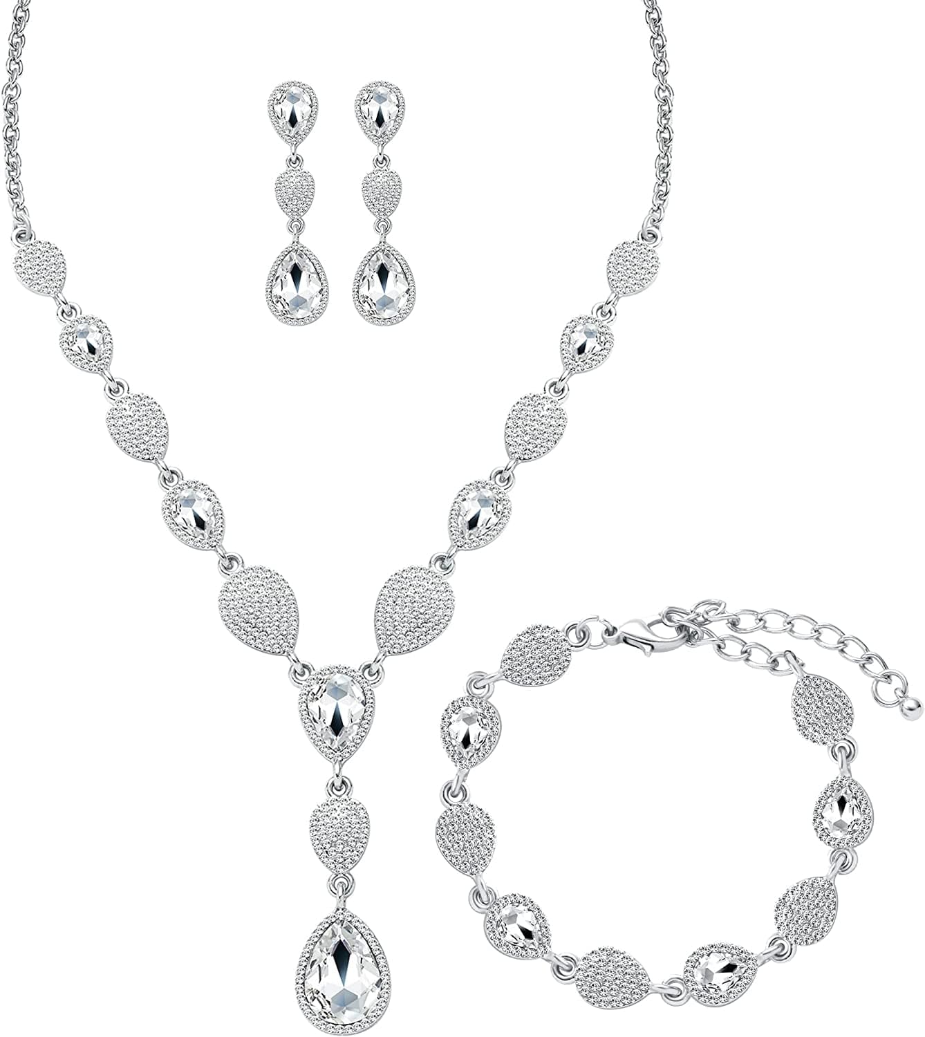 M MIRACULOUS GARDEN 3/4 Pieces Women Jewelry Set Rhinestone Tiara Crown Necklace Bangle Bracelet Crystal Teardrop Dangle Earrings and Rhinestone Handbag for Wedding Party A-Silver Plated White Rhinestone Crystal Necklace Bracelet Earrings
