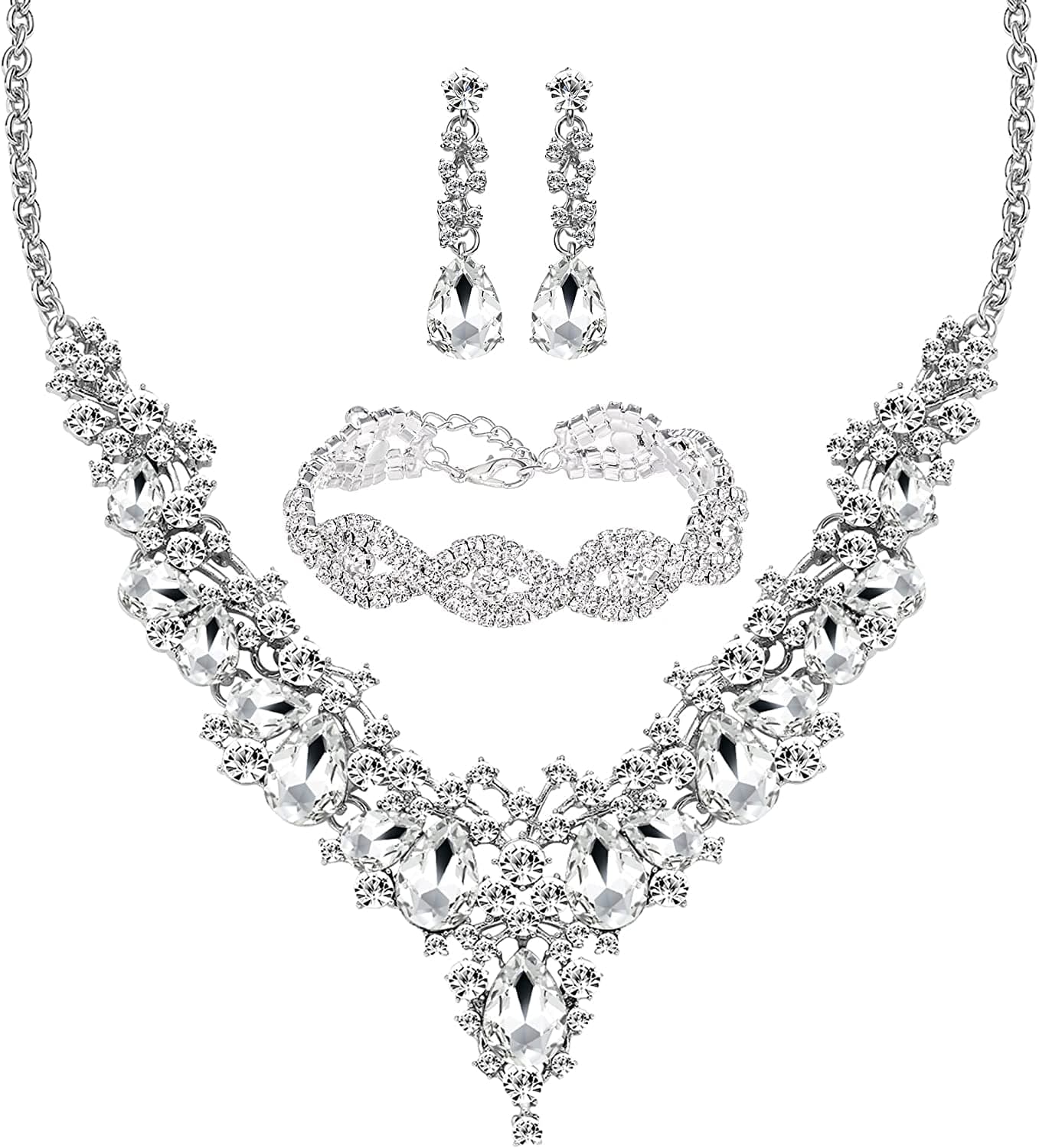 M MIRACULOUS GARDEN 3/4 Pieces Women Jewelry Set Rhinestone Tiara Crown Necklace Bangle Bracelet Crystal Teardrop Dangle Earrings and Rhinestone Handbag for Wedding Party Silver Plating Necklace Bracelet Earrings