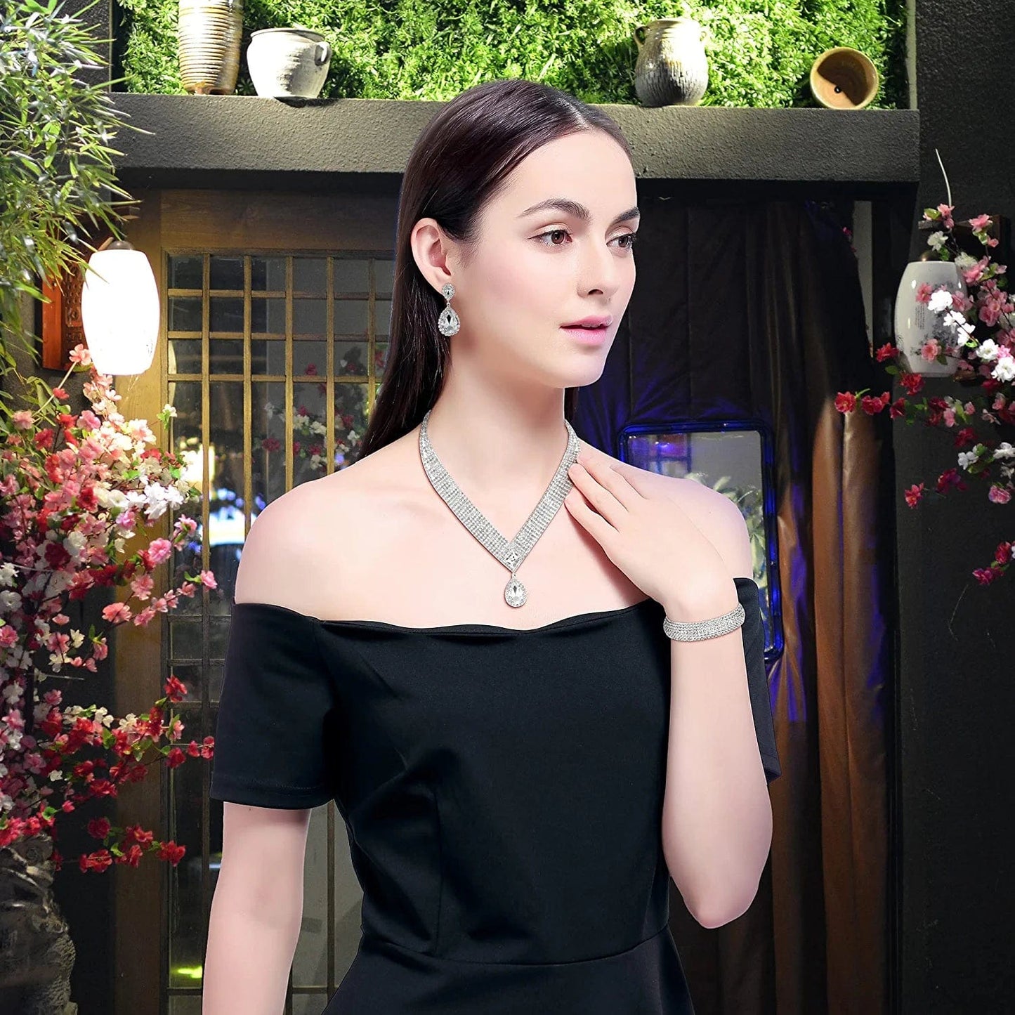 M MIRACULOUS GARDEN 3/4 Pieces Women Jewelry Set Rhinestone Tiara Crown Necklace Bangle Bracelet Crystal Teardrop Dangle Earrings and Rhinestone Handbag for Wedding Party