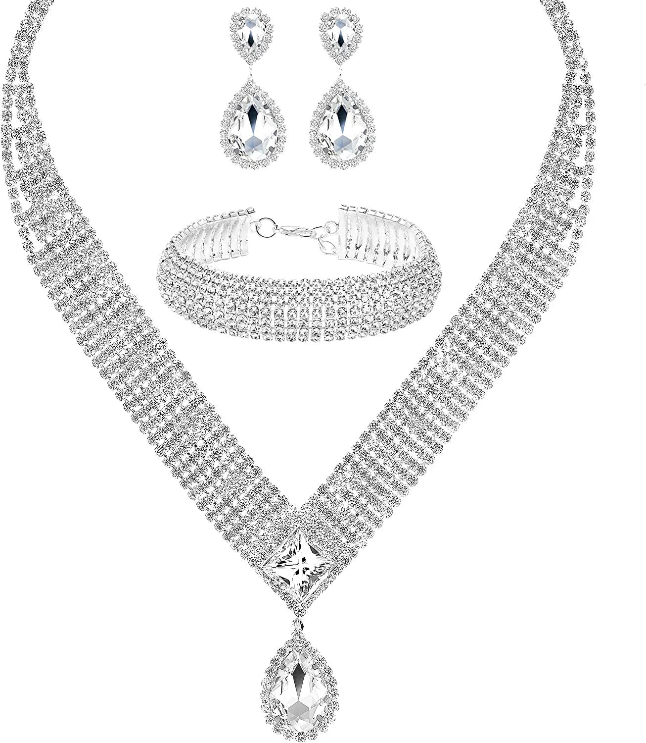 M MIRACULOUS GARDEN 3/4 Pieces Women Jewelry Set Rhinestone Tiara Crown Necklace Bangle Bracelet Crystal Teardrop Dangle Earrings and Rhinestone Handbag for Wedding Party Silver Plated Crystal Necklace Bracelet Earrings