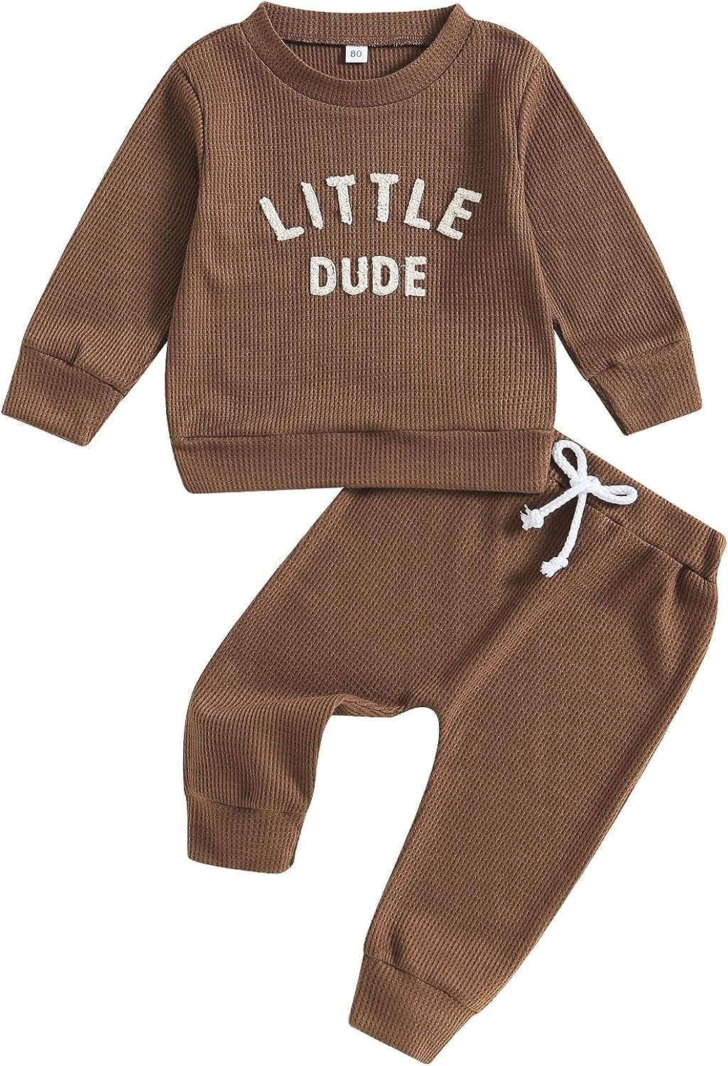 Madjtlqy Toddler Baby Girl Boy Fall Winter Waffle Outfit Set Letter Printed Long Sleeve Sweatshirt Tops + Pants Little Dude-Brown / 1-2T