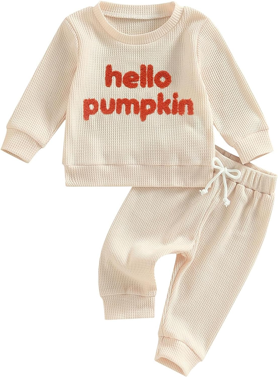 Madjtlqy Toddler Baby Girl Boy Fall Winter Waffle Outfit Set Letter Printed Long Sleeve Sweatshirt Tops + Pants Halloween / 12-18 Months