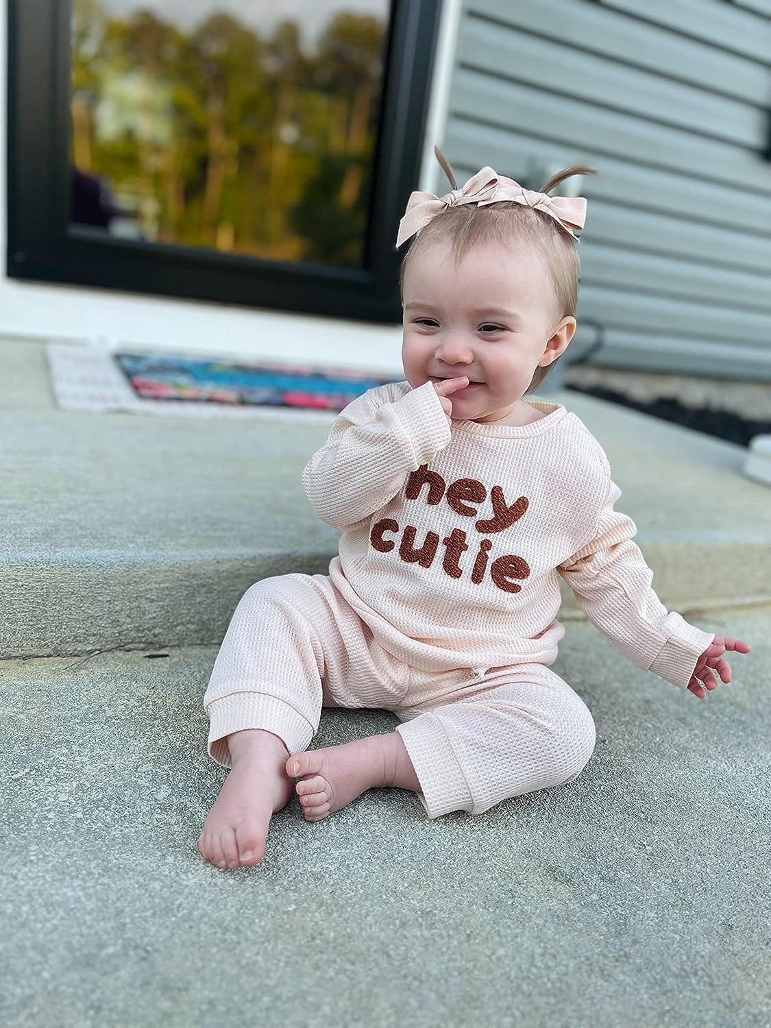 Madjtlqy Toddler Baby Girl Boy Fall Winter Waffle Outfit Set Letter Printed Long Sleeve Sweatshirt Tops + Pants
