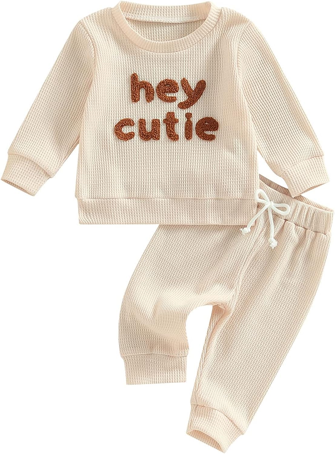 Madjtlqy Toddler Baby Girl Boy Fall Winter Waffle Outfit Set Letter Printed Long Sleeve Sweatshirt Tops + Pants Apricot / 12-18 Months