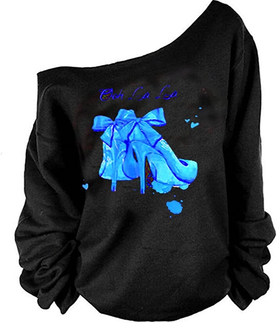 MAGICMK Woman’S Sweatershirt Lips Print Causal Blouse off the Shoulder Long Sleeve Loose Slouchy Pullover plus Size Tops Black+blueheal / Small