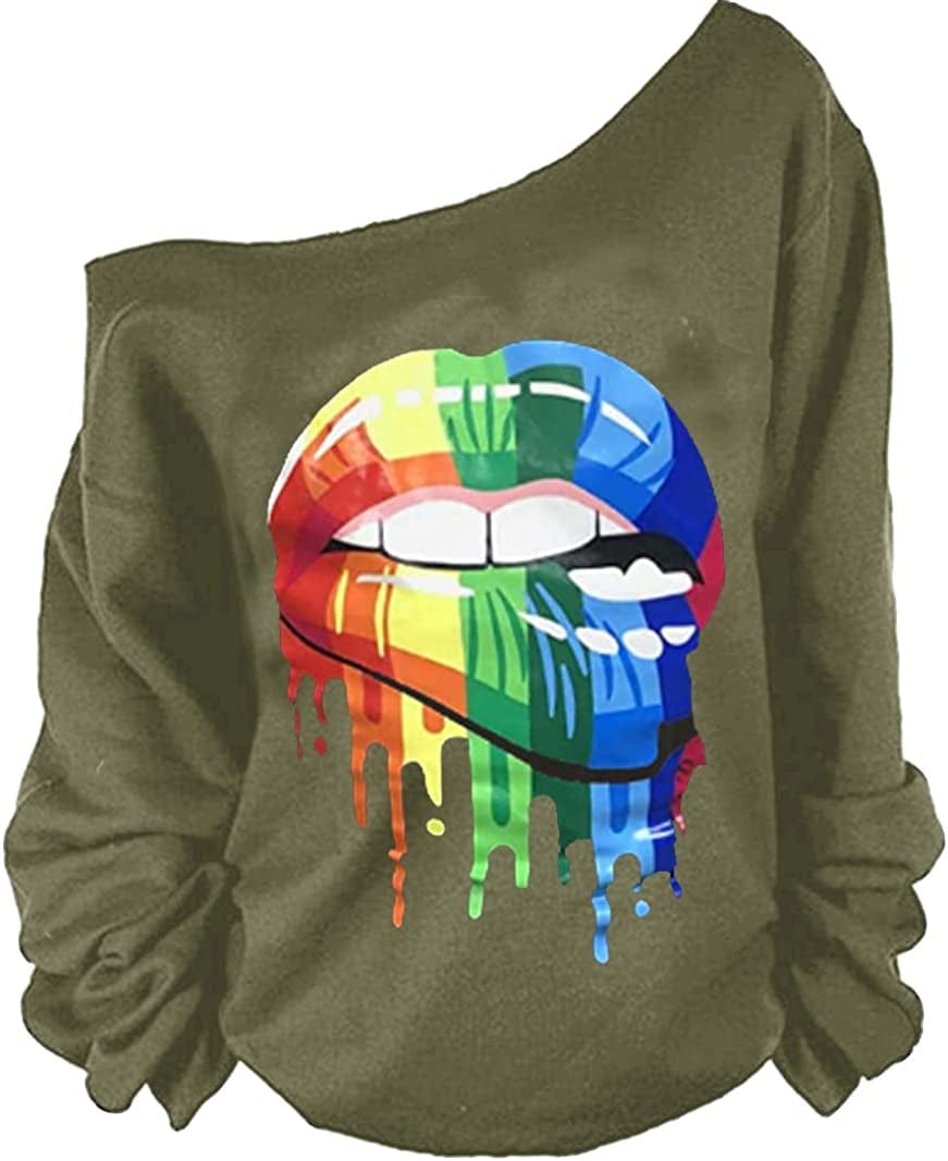 MAGICMK Woman’S Sweatershirt Lips Print Causal Blouse off the Shoulder Long Sleeve Loose Slouchy Pullover plus Size Tops Armygreen+mouth / 3X-Large