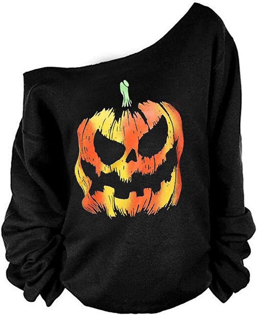 MAGICMK Woman’S Sweatershirt Lips Print Causal Blouse off the Shoulder Long Sleeve Loose Slouchy Pullover plus Size Tops Black+pumpkin / 4X-Large