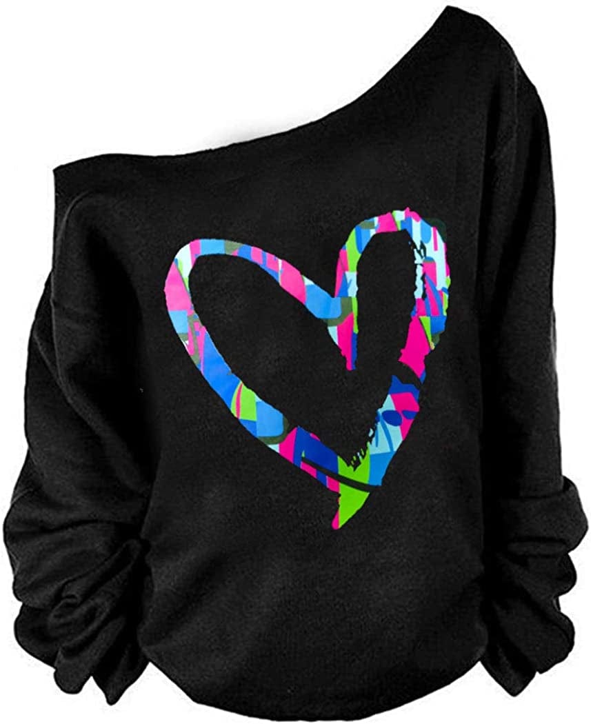 MAGICMK Woman’S Sweatershirt Lips Print Causal Blouse off the Shoulder Long Sleeve Loose Slouchy Pullover plus Size Tops Bmheart / Small
