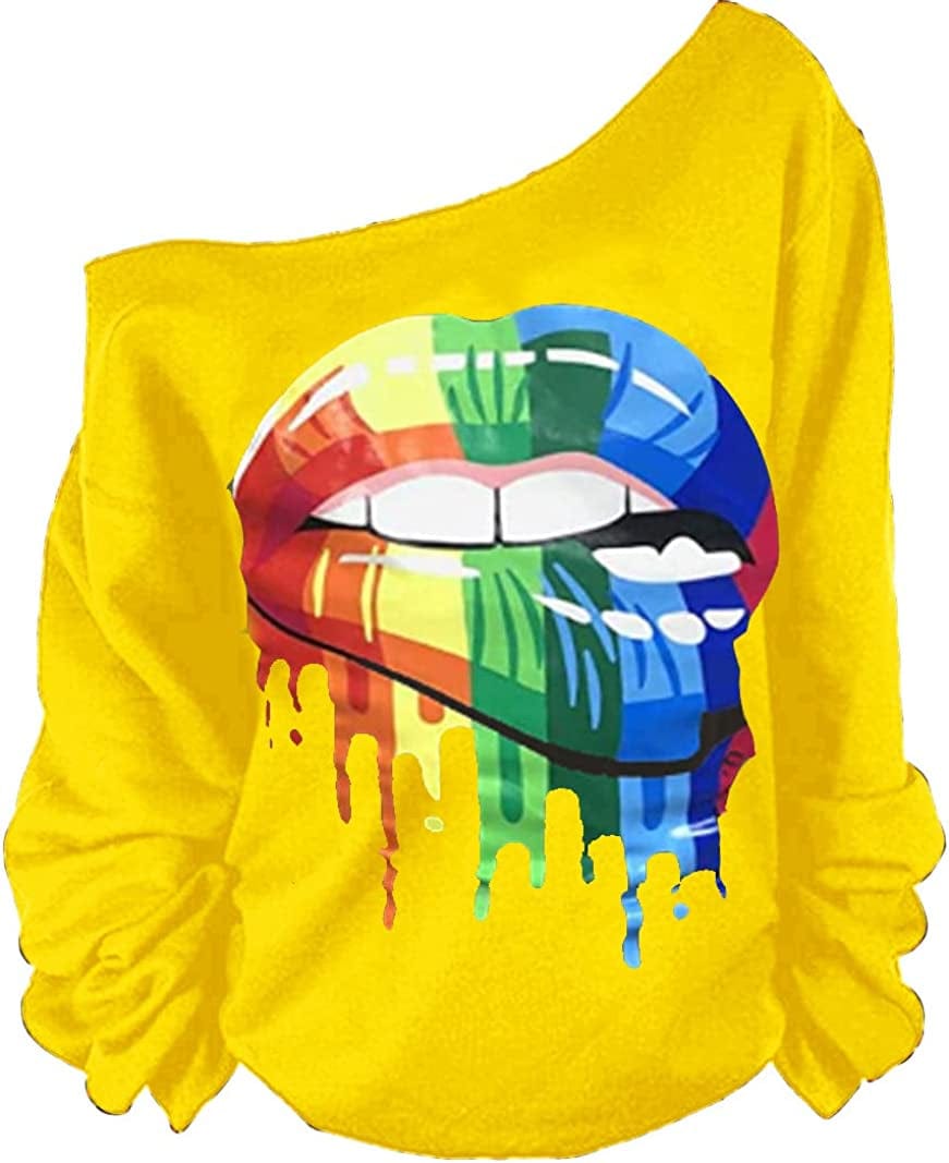 MAGICMK Woman’S Sweatershirt Lips Print Causal Blouse off the Shoulder Long Sleeve Loose Slouchy Pullover plus Size Tops Yellow+mouth / Small