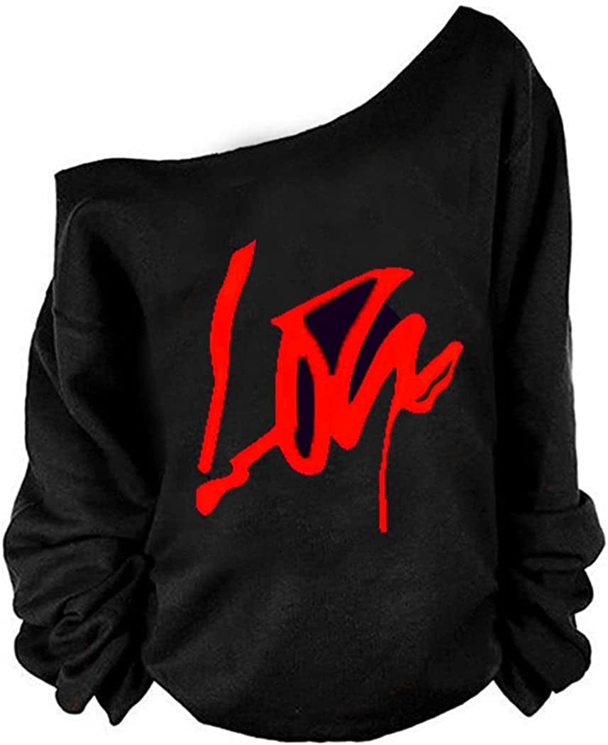 MAGICMK Woman’S Sweatershirt Lips Print Causal Blouse off the Shoulder Long Sleeve Loose Slouchy Pullover plus Size Tops Black+blips / X-Large