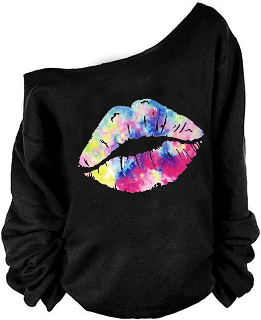 MAGICMK Woman’S Sweatershirt Lips Print Causal Blouse off the Shoulder Long Sleeve Loose Slouchy Pullover plus Size Tops Mxicolour / Small