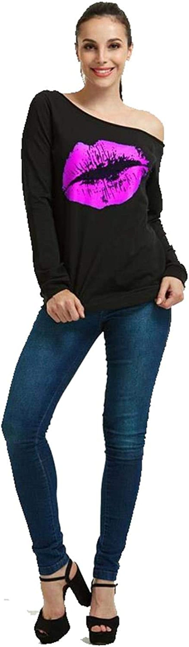 MAGICMK Woman’S Sweatershirt Lips Print Causal Blouse off the Shoulder Long Sleeve Loose Slouchy Pullover plus Size Tops Black+purple / Small