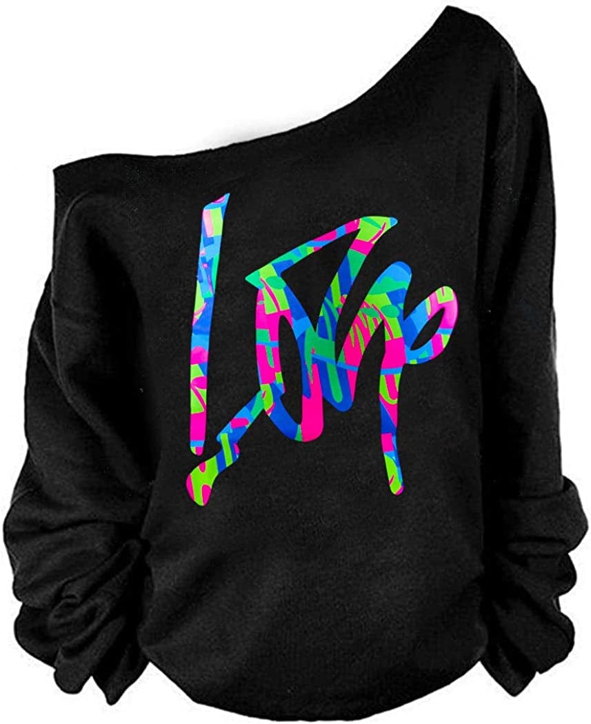 MAGICMK Woman’S Sweatershirt Lips Print Causal Blouse off the Shoulder Long Sleeve Loose Slouchy Pullover plus Size Tops Black+mclove / 3X-Large