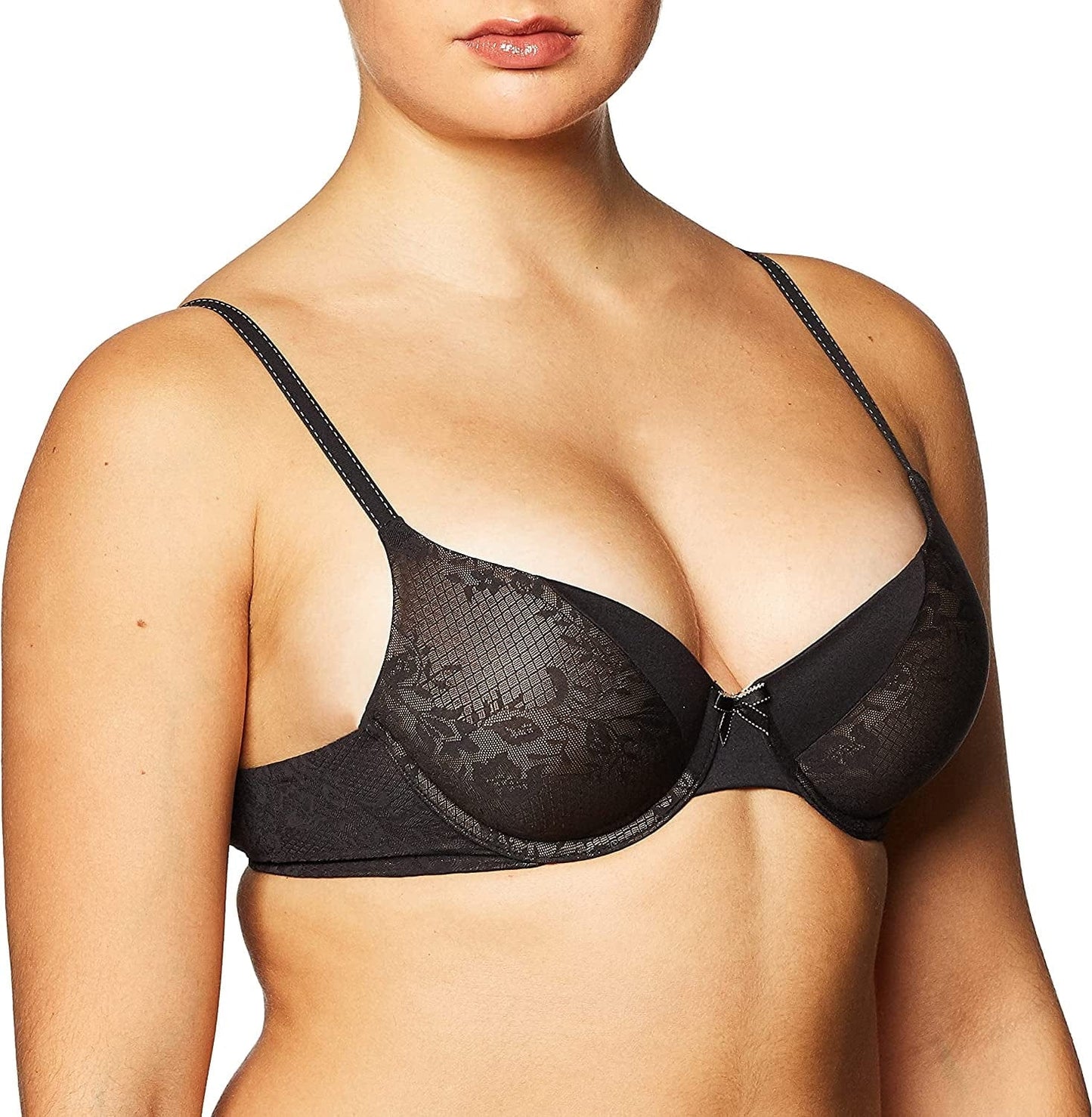 Maidenform Comfort Devotion Demi T-Shirt Bra, Velvety Full-Coverage Bra, Comfortable Bra with Convertible Straps for Everyday Black Lace/Body Beige Combo / 36C