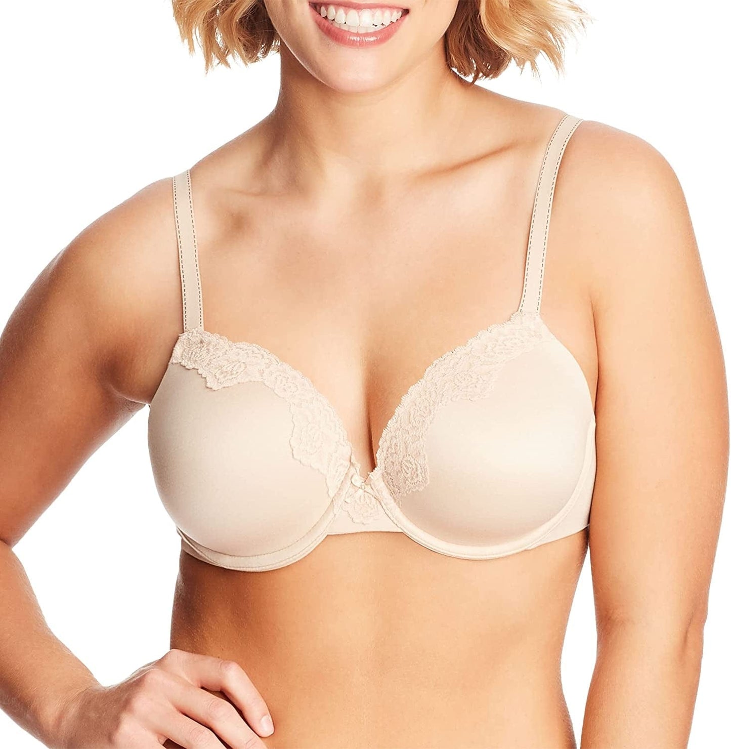 Maidenform Comfort Devotion Lace Bra, Smoothing Full-Coverage T-Shirt Bra for Everyday Comfort, Comfortable Lace Bra Latte Lift/Black / 34DD