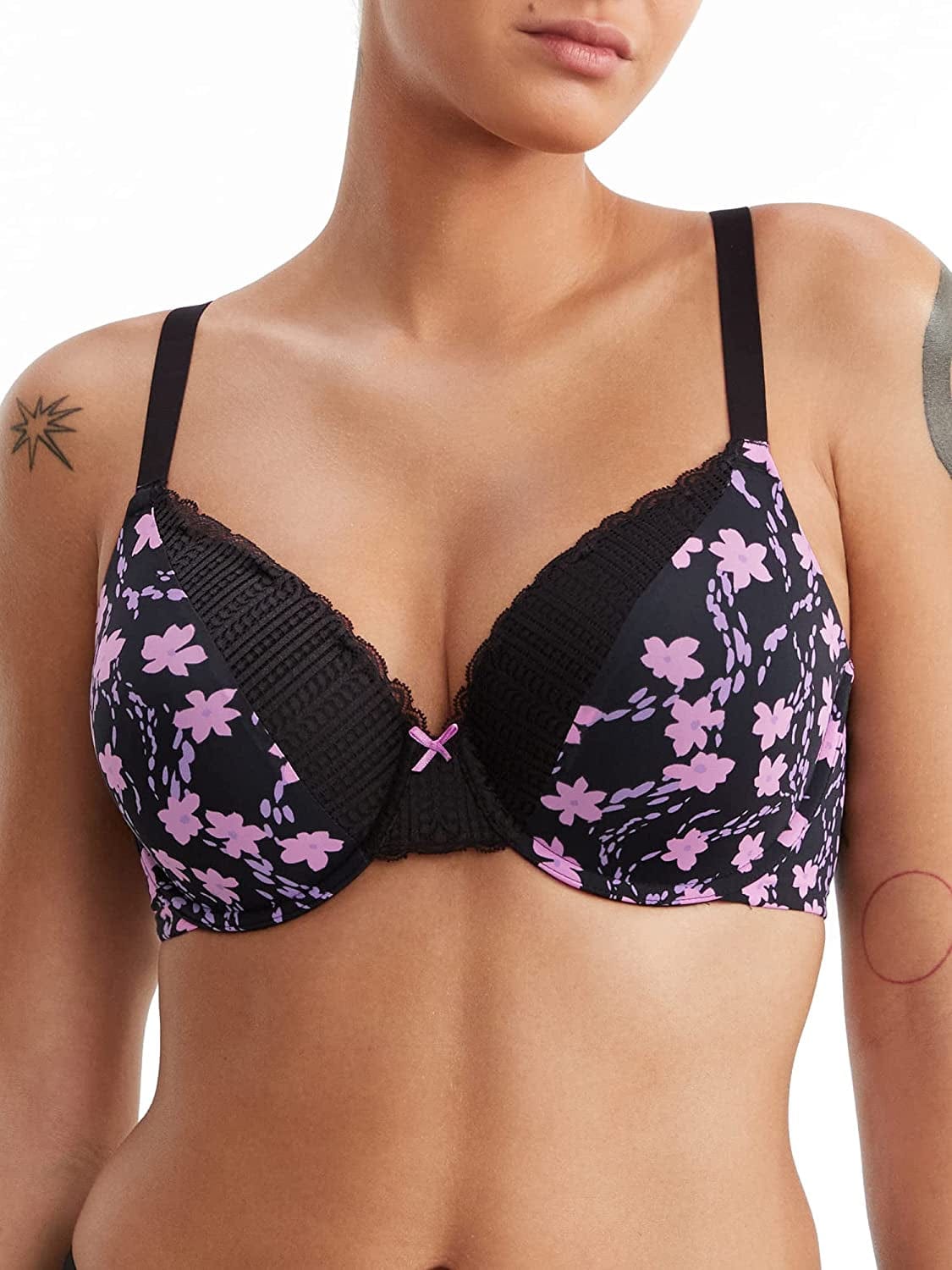 Maidenform Comfort Devotion Lace Bra, Smoothing Full-Coverage T-Shirt Bra for Everyday Comfort, Comfortable Lace Bra Black Daisy Flair / 38B