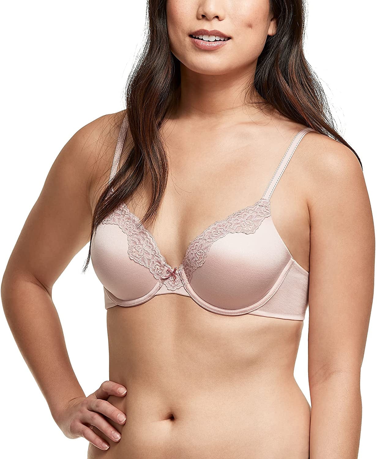 Maidenform Comfort Devotion Lace Bra, Smoothing Full-Coverage T-Shirt Bra for Everyday Comfort, Comfortable Lace Bra Sheer Pale Pink W/ Deep Mauve / 42D