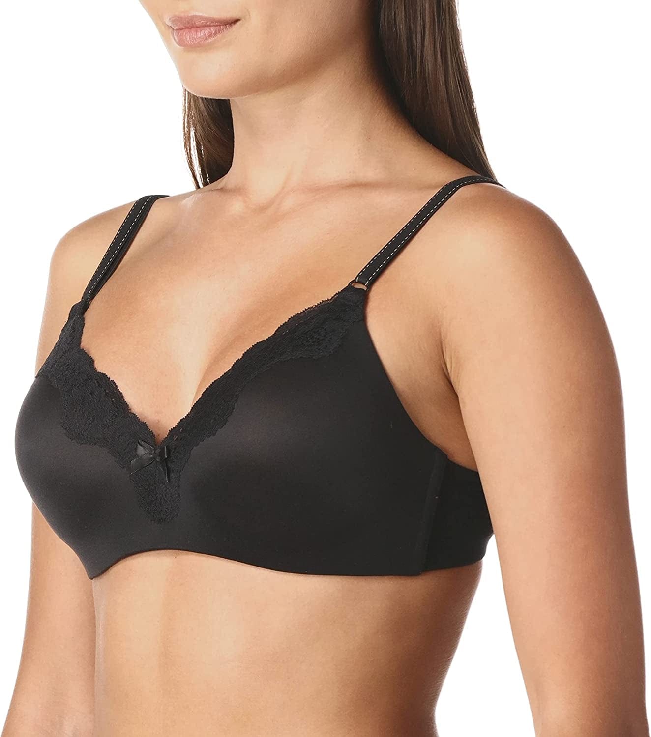 Maidenform Comfort Devotion Lace Bra, Wirefree Bra with Full Coverage, Push-Up Bra with Natural Lift, Comfortable Bra Black W/Body Beige Lining / 34A