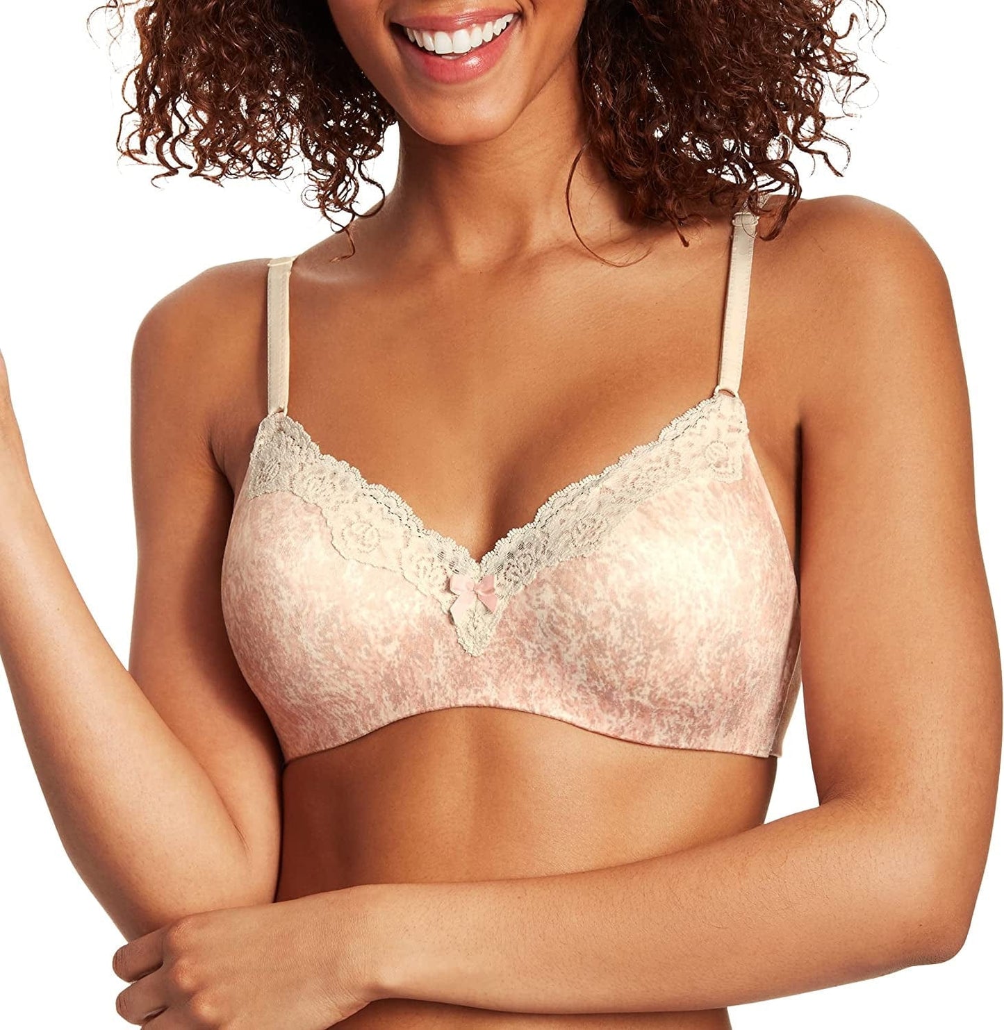 Maidenform Comfort Devotion Lace Bra, Wirefree Bra with Full Coverage, Push-Up Bra with Natural Lift, Comfortable Bra Peach Swirl Print / (40) C