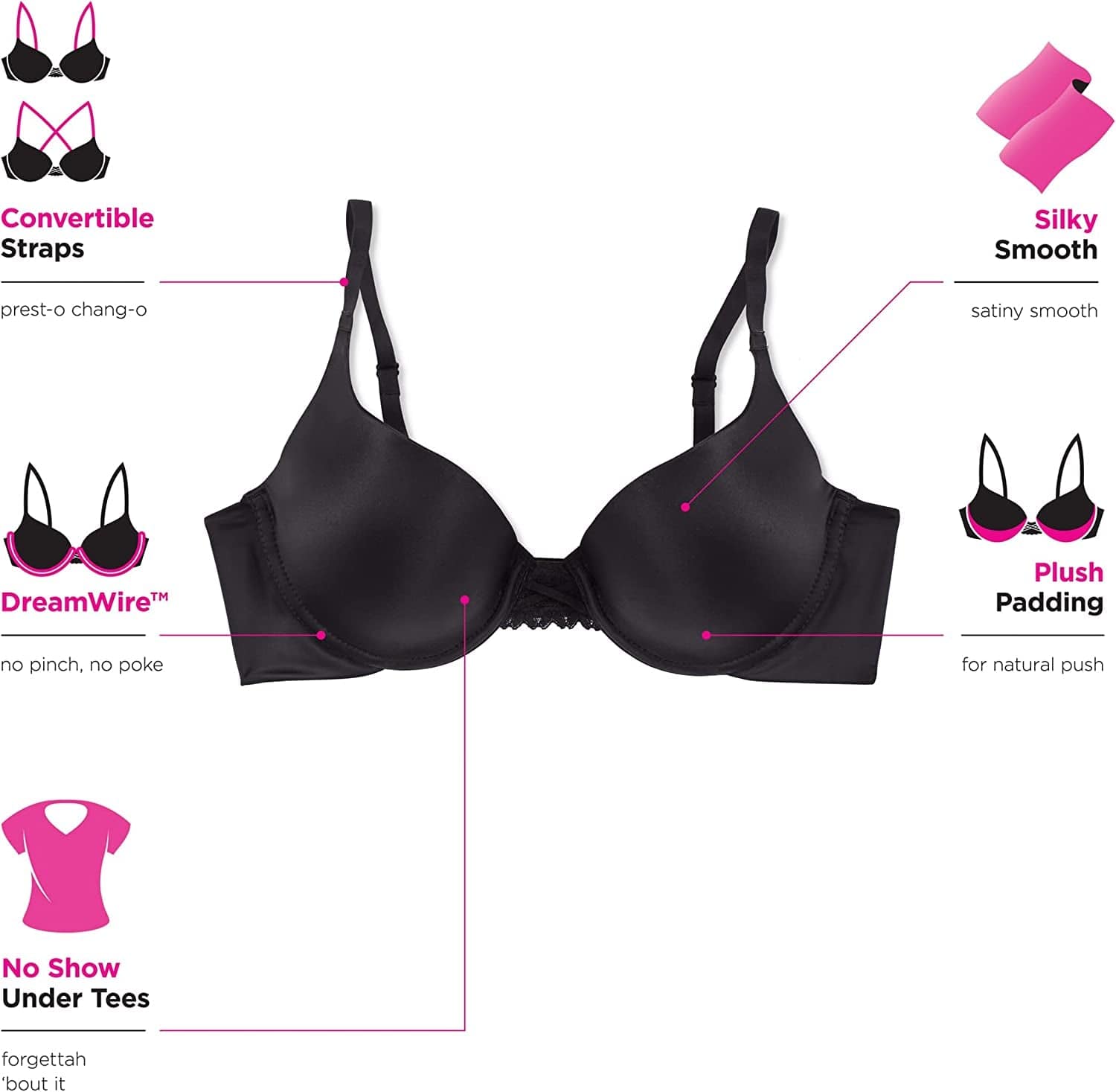 Maidenform Dreamwire Underwire Bra, No-Poke Push-Up Bra, Moderate Coverage, Convertible T-Shirt Bra