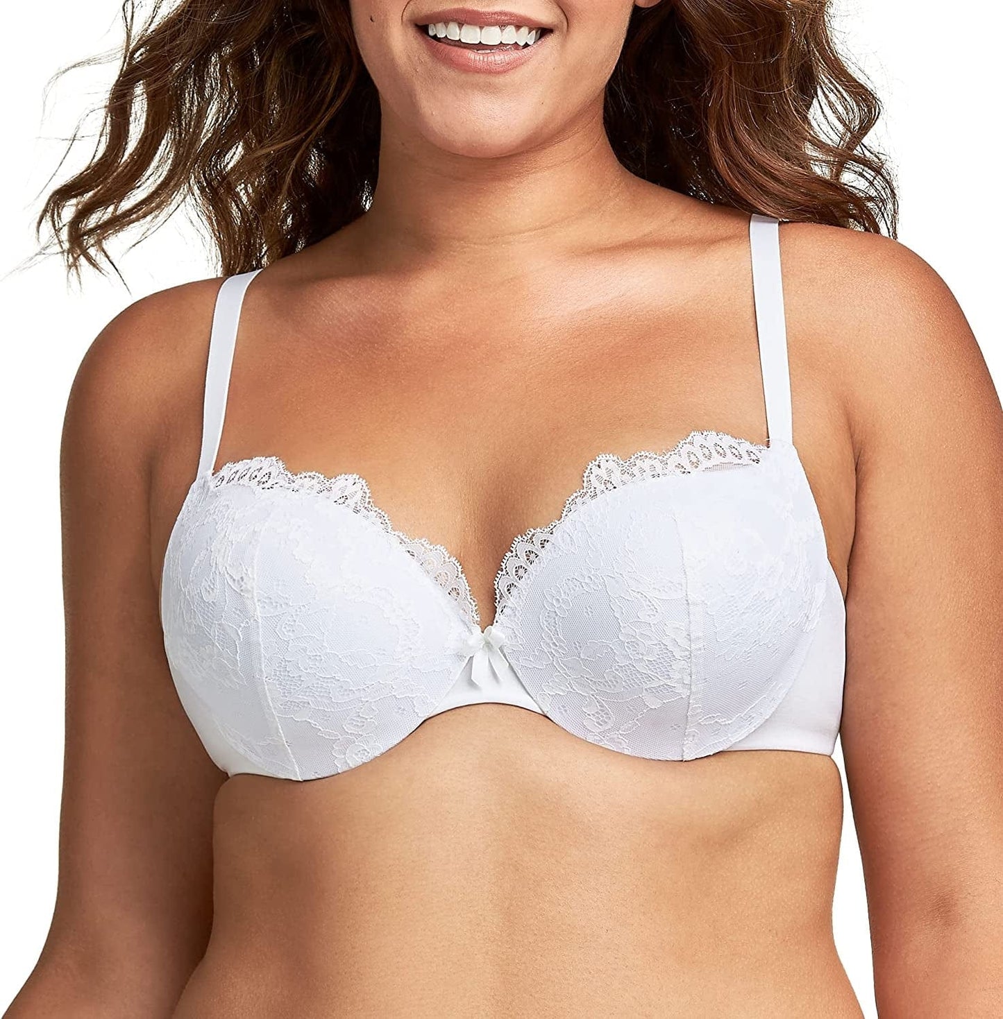 Maidenform Underwire Demi Bra, Best Push-Up Bra with Wonderbra Technology, Smoothing Lace-Trim Bra with Push-Up Cups White / 34D