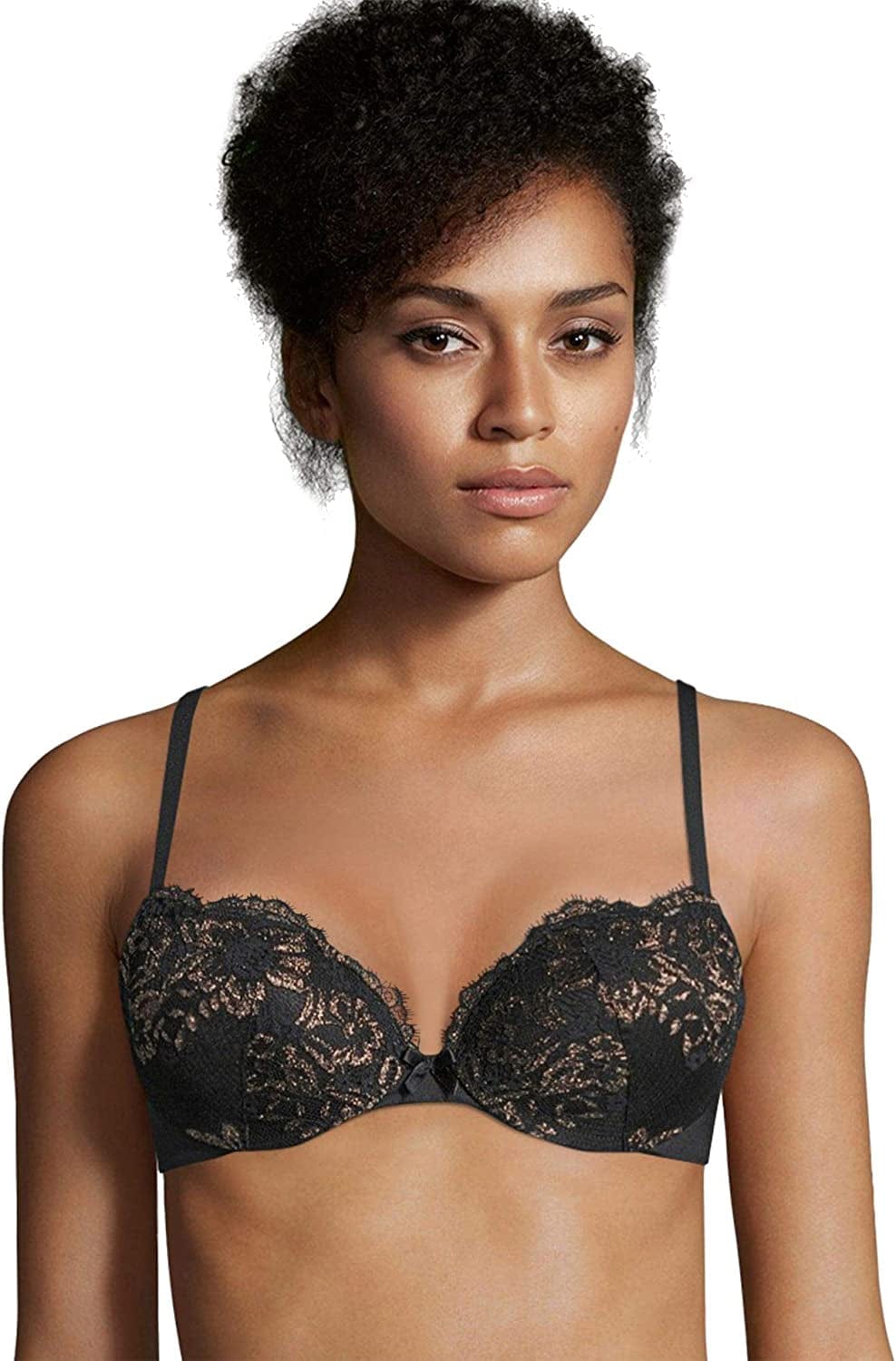 Maidenform Underwire Demi Bra, Best Push-Up Bra with Wonderbra Technology, Smoothing Lace-Trim Bra with Push-Up Cups Black W/ Gold / 38C