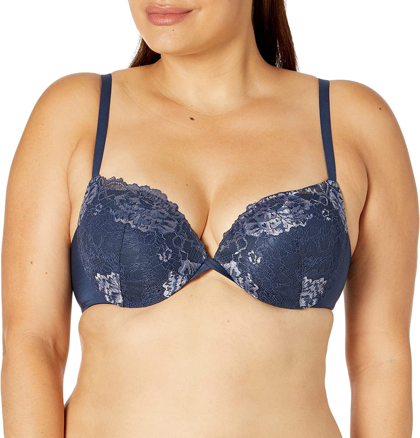 Maidenform Underwire Demi Bra, Best Push-Up Bra with Wonderbra Technology, Smoothing Lace-Trim Bra with Push-Up Cups Navy W/ Silver Blue / 38C