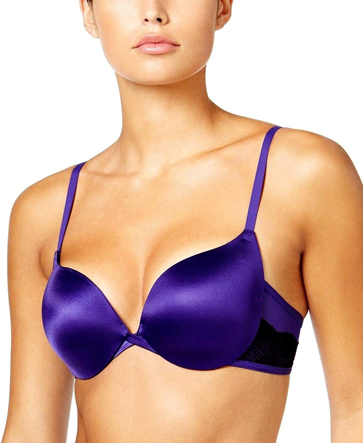 Maidenform Underwire Demi Bra, Best Push-Up Bra with Wonderbra Technology, Smoothing Lace-Trim Bra with Push-Up Cups Violet Pulse/Black Combo / 38C