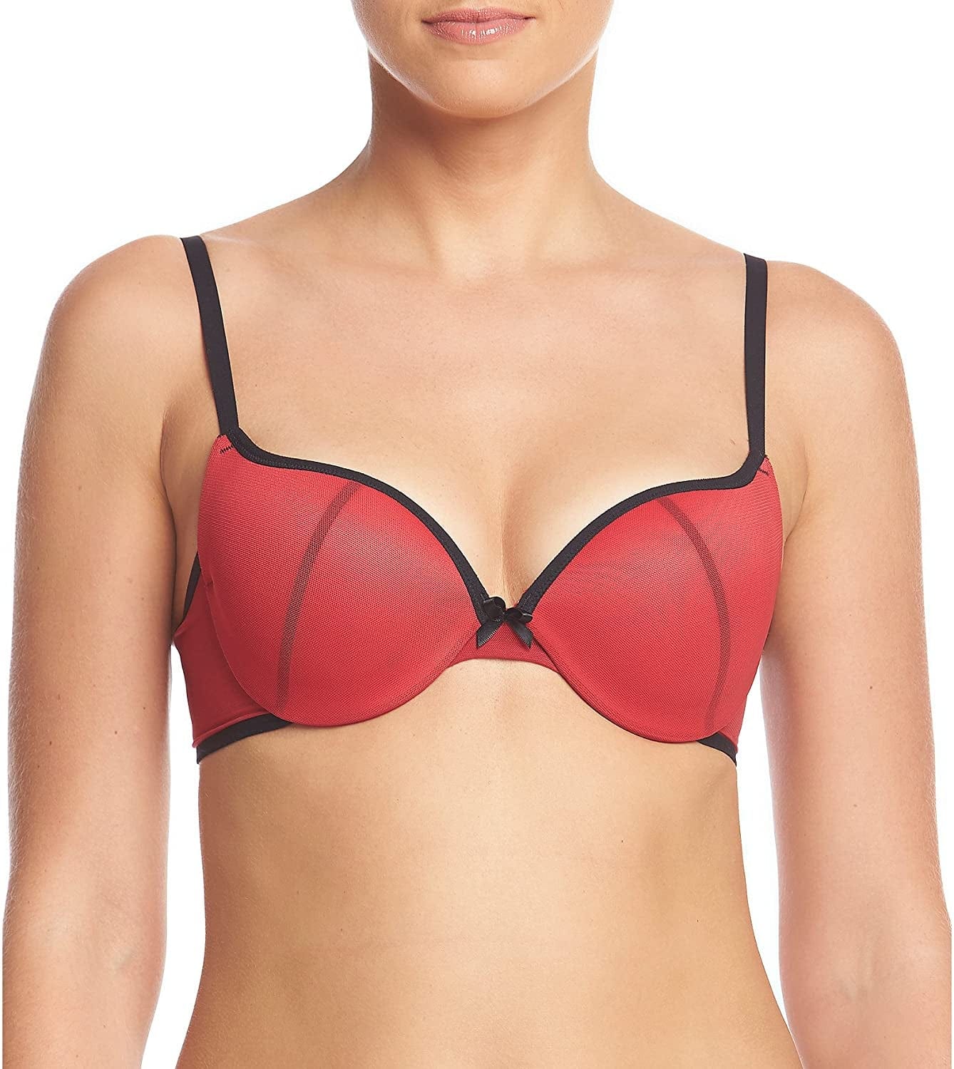 Maidenform Underwire Demi Bra, Best Push-Up Bra with Wonderbra Technology, Smoothing Lace-Trim Bra with Push-Up Cups Red Masquerade/Black Mesh / 38D