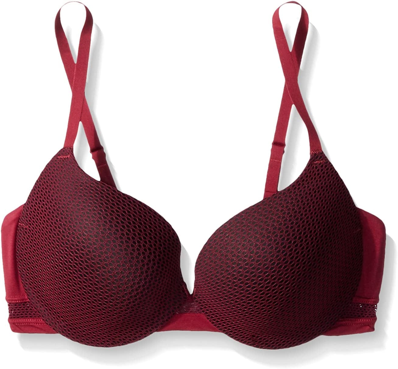 Maidenform Underwire Demi Bra, Best Push-Up Bra with Wonderbra Technology, Smoothing Lace-Trim Bra with Push-Up Cups Vino/Black Fishnet / 38B