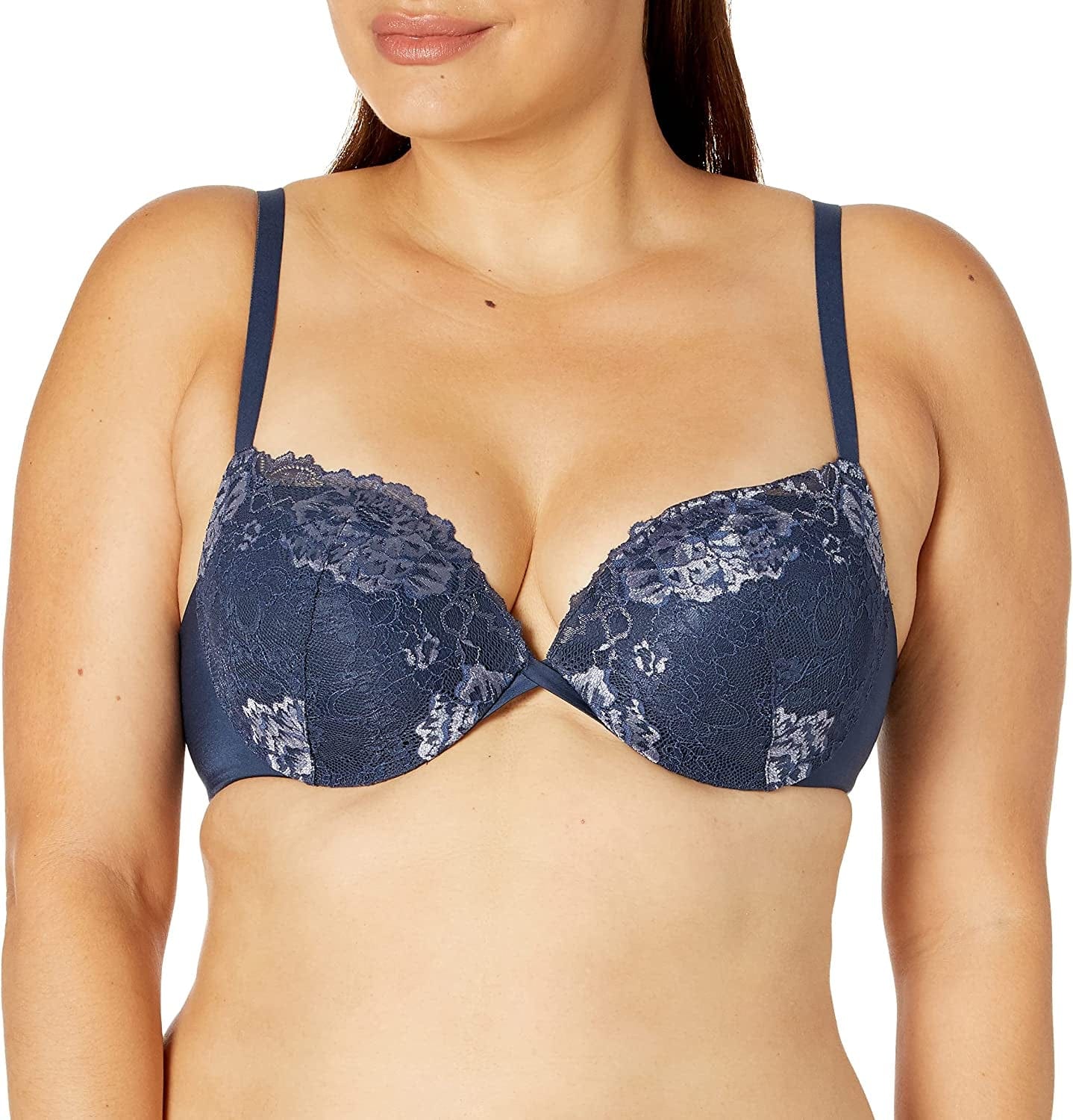 Maidenform Underwire Demi Bra, Best Push-Up Bra with Wonderbra Technology, Smoothing Lace-Trim Bra with Push-Up Cups Navy W/ Silver Blue / 36D