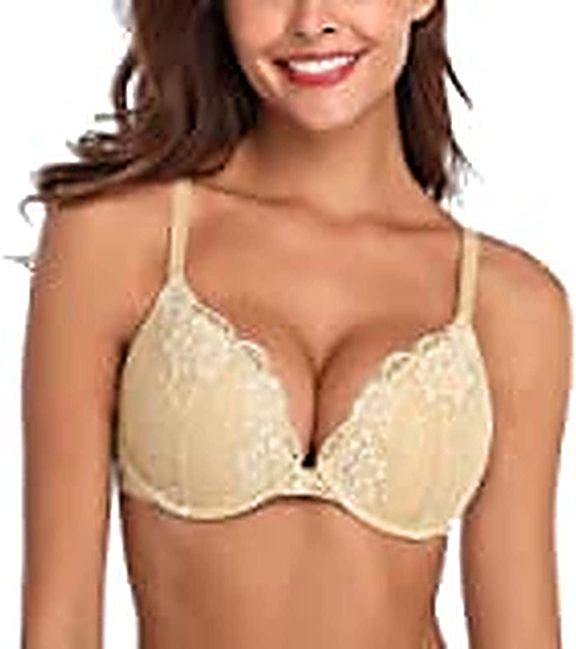 Maidenform Underwire Demi Bra, Best Push-Up Bra with Wonderbra Technology, Smoothing Lace-Trim Bra with Push-Up Cups Evening Blush W/ Gold / 40C