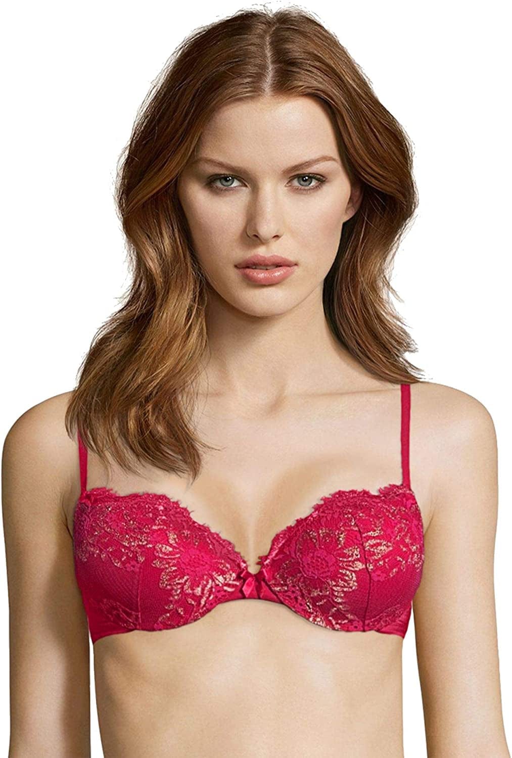 Maidenform Underwire Demi Bra, Best Push-Up Bra with Wonderbra Technology, Smoothing Lace-Trim Bra with Push-Up Cups Scarlet Berry W/ Gold / 38B