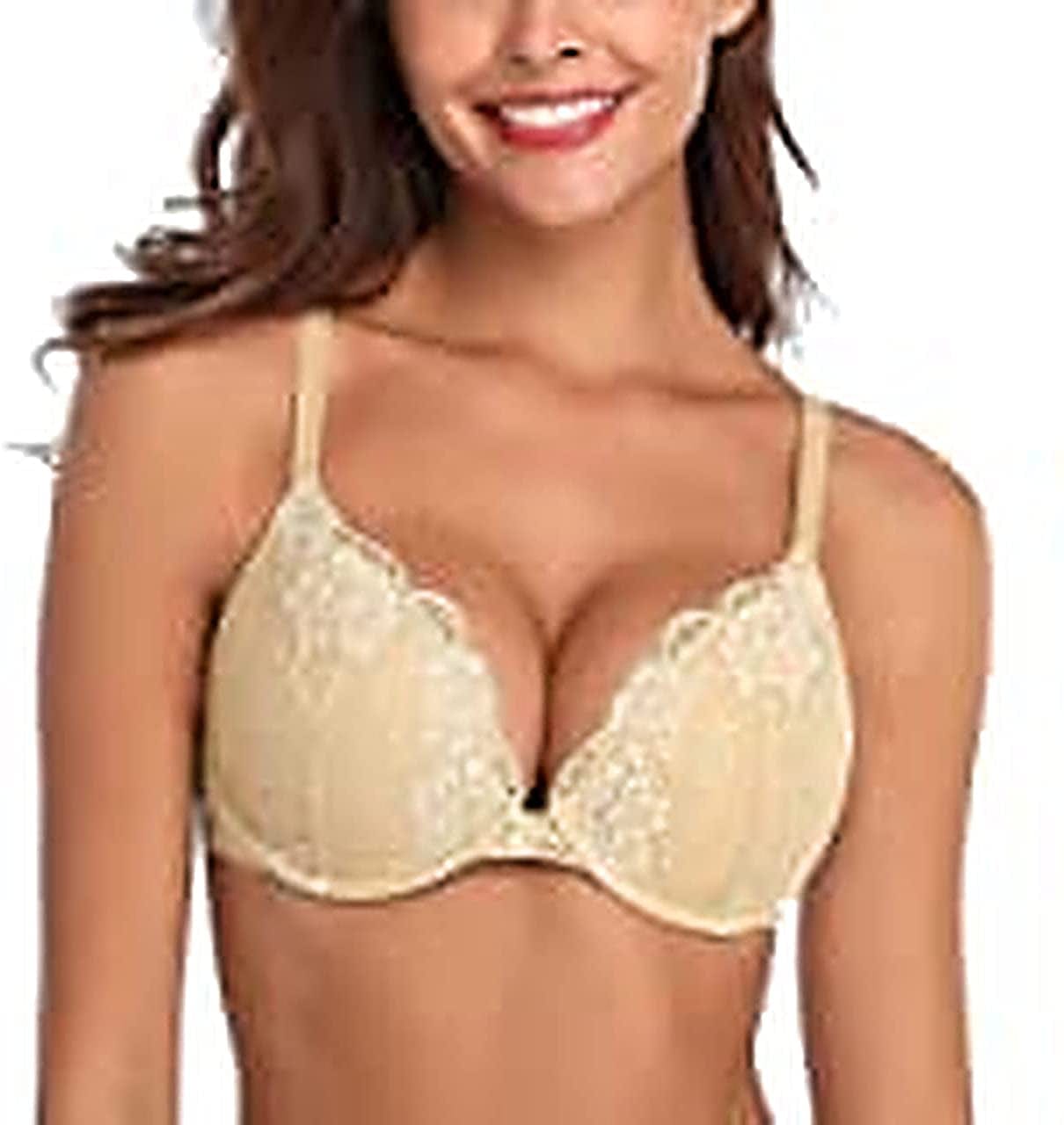 Maidenform Underwire Demi Bra, Best Push-Up Bra with Wonderbra Technology, Smoothing Lace-Trim Bra with Push-Up Cups Evening Blush W/ Gold / 34B