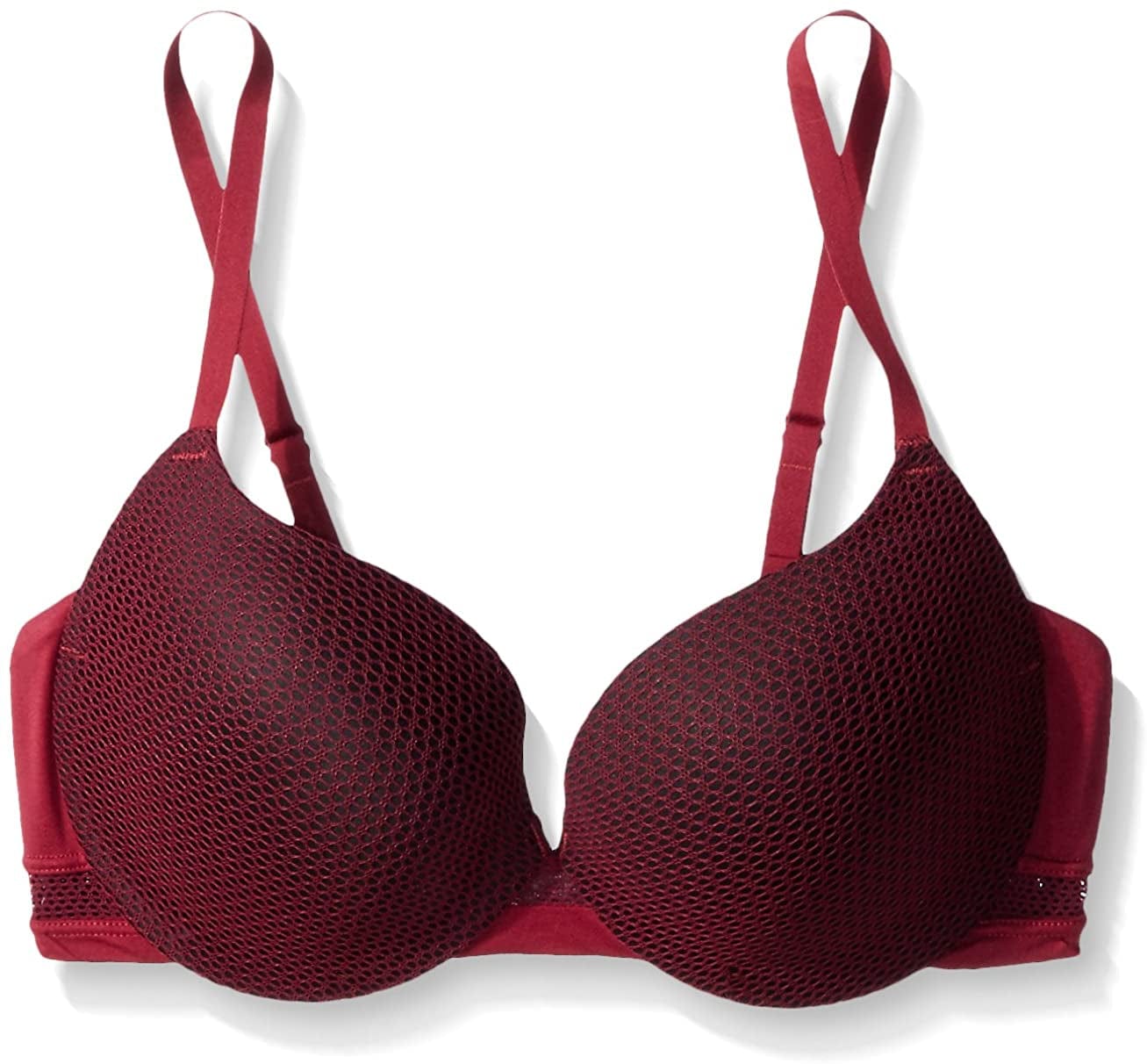 Maidenform Underwire Demi Bra, Best Push-Up Bra with Wonderbra Technology, Smoothing Lace-Trim Bra with Push-Up Cups Vino/Black Fishnet / 38C