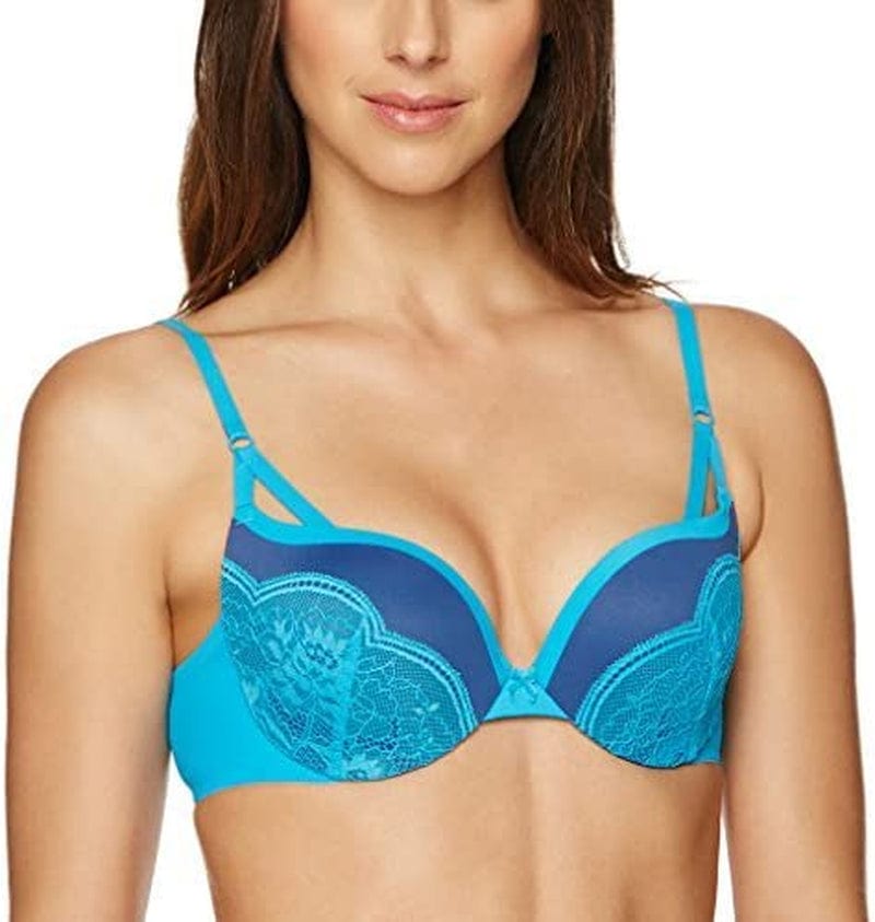 Maidenform Underwire Demi Bra, Best Push-Up Bra with Wonderbra Technology, Smoothing Lace-Trim Bra with Push-Up Cups New Chroma Blue/Regal Navy Lace / 38C