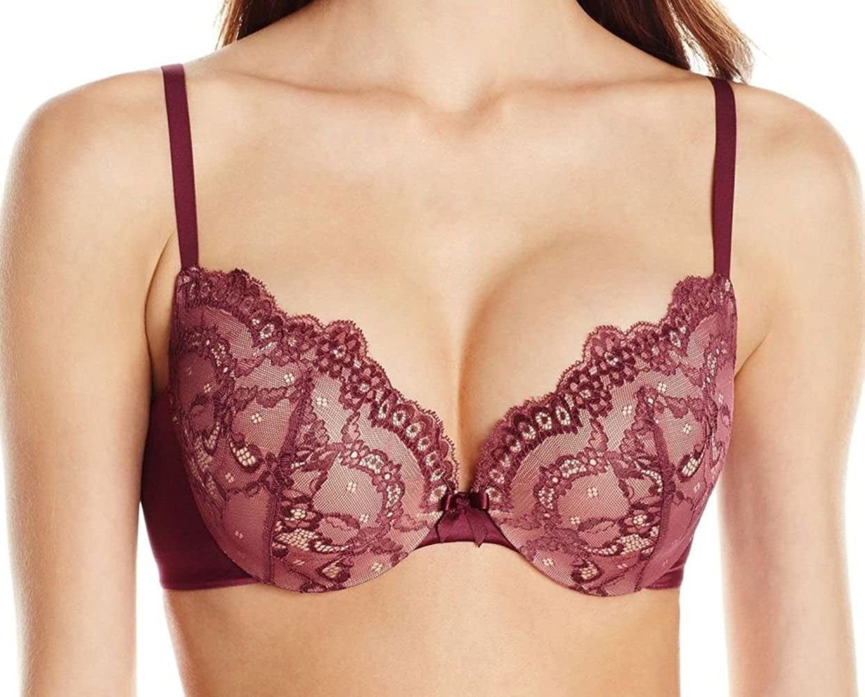 Maidenform Underwire Demi Bra, Best Push-Up Bra with Wonderbra Technology, Smoothing Lace-Trim Bra with Push-Up Cups Plush Burgundy/Body Beige Lace / 32B