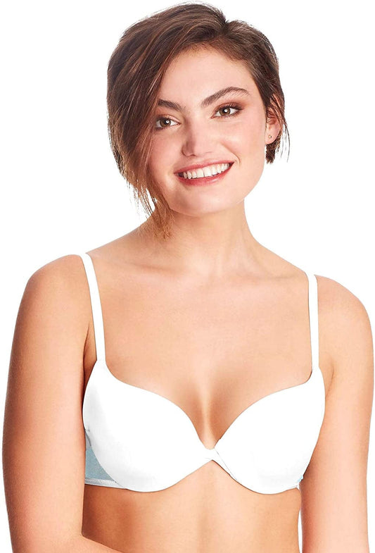 Maidenform Underwire Demi Bra, Best Push-Up Bra with Wonderbra Technology, Smoothing Lace-Trim Bra with Push-Up Cups White/Blue Whimsy / 40C