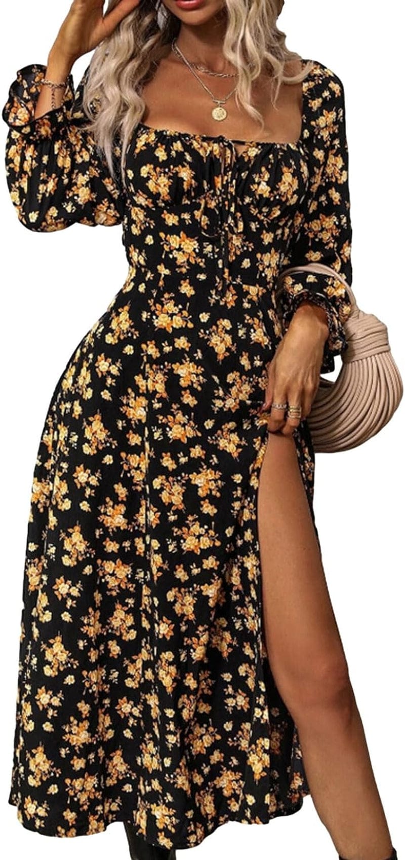 MAINESAKA Womens Long Sleeve Floral Dress Square Neck Tie Boho Chic Corset Sundress High Slit a Line Maxi Dresses Gold / Large