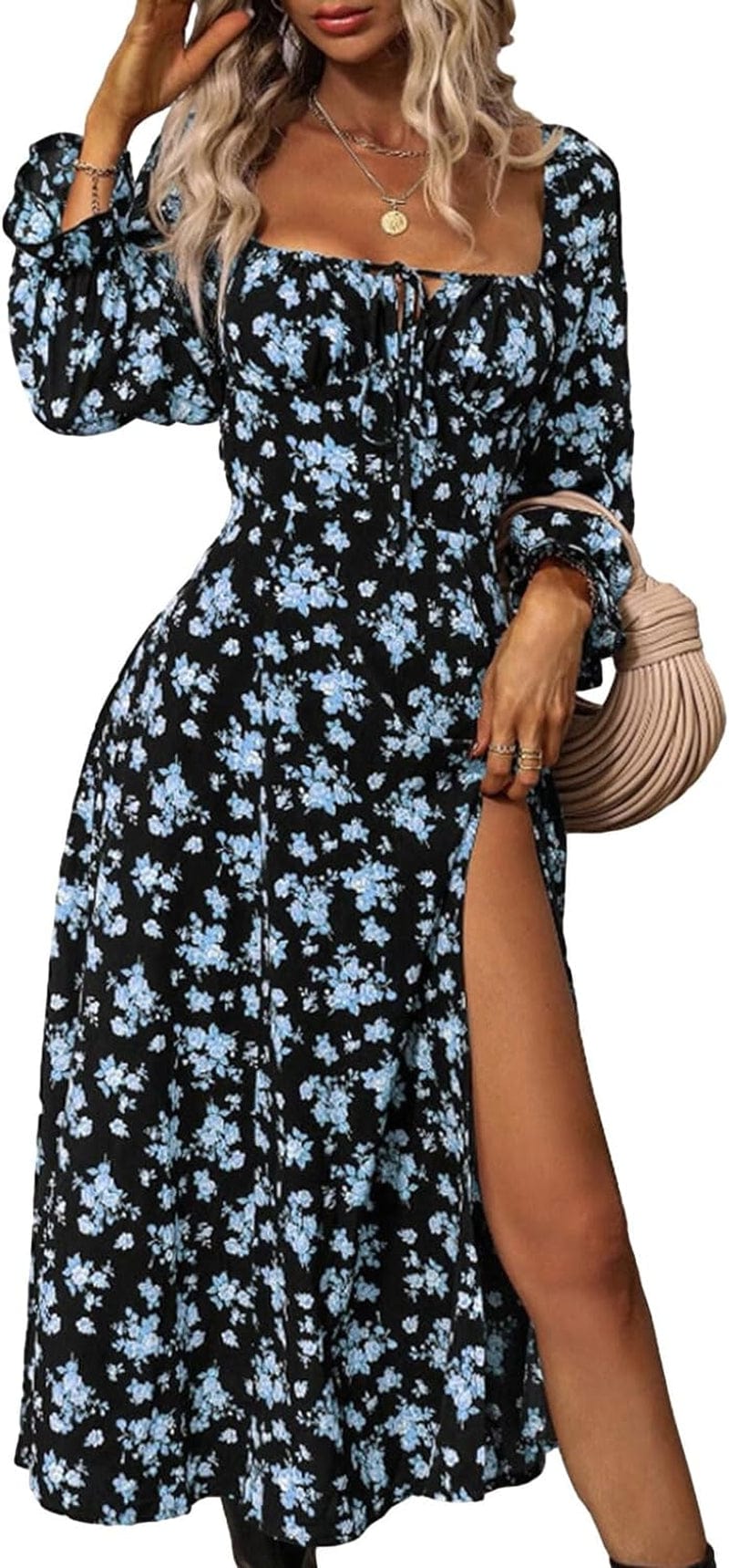 MAINESAKA Womens Long Sleeve Floral Dress Square Neck Tie Boho Chic Corset Sundress High Slit a Line Maxi Dresses Blue / Medium