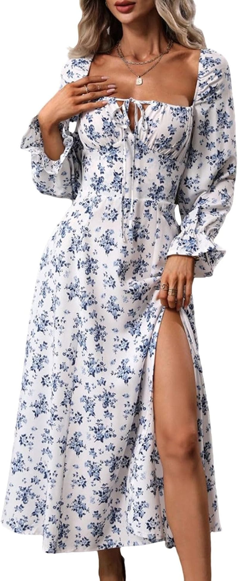 MAINESAKA Womens Long Sleeve Floral Dress Square Neck Tie Boho Chic Corset Sundress High Slit a Line Maxi Dresses White / Medium