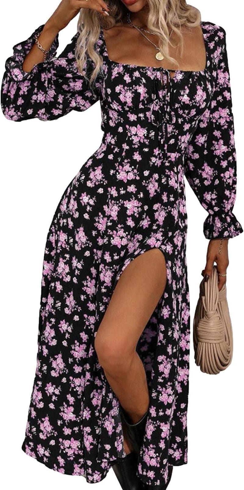 MAINESAKA Womens Long Sleeve Floral Dress Square Neck Tie Boho Chic Corset Sundress High Slit a Line Maxi Dresses