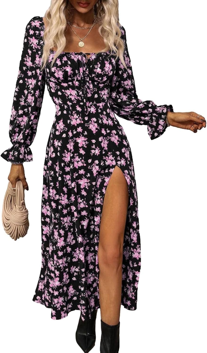MAINESAKA Womens Long Sleeve Floral Dress Square Neck Tie Boho Chic Corset Sundress High Slit a Line Maxi Dresses