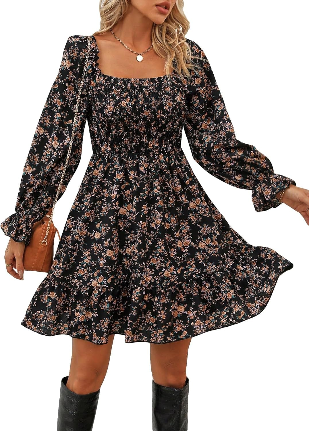 Makemechic Women'S Floral Print Square Neck Flounce Long Sleeve High Waisted Ruffle a Line Dress Multicolor / Small