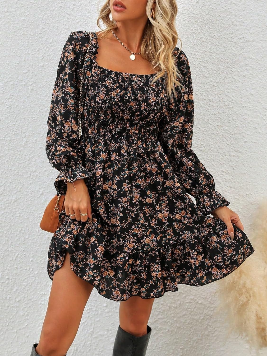 Makemechic Women'S Floral Print Square Neck Flounce Long Sleeve High Waisted Ruffle a Line Dress