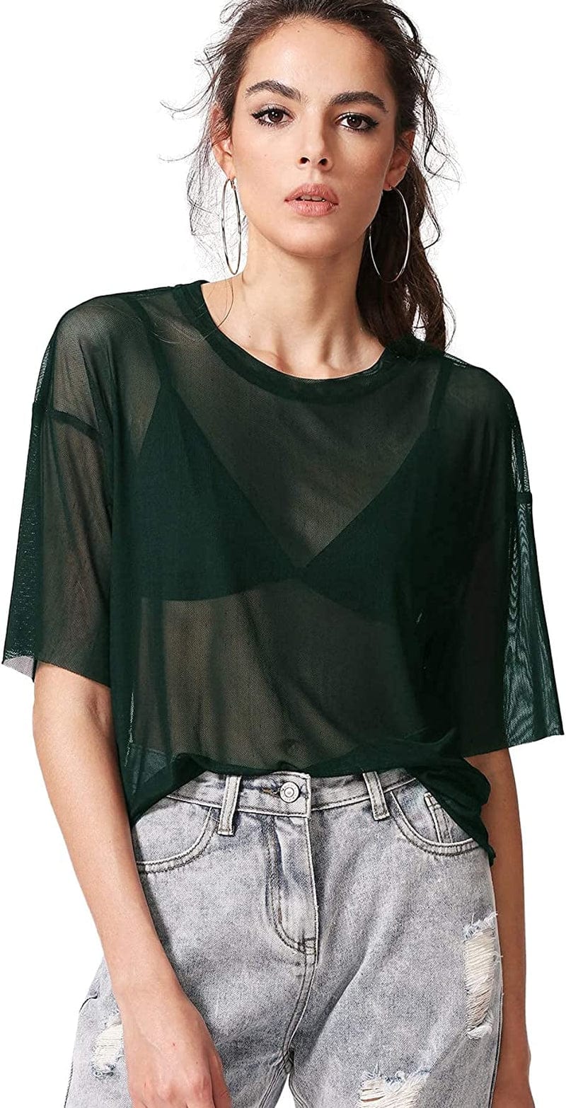 Makemechic Women'S Summer Short Sleeve Tops See through Mesh Sheer Sexy T Shirt Blouse Green a / Large