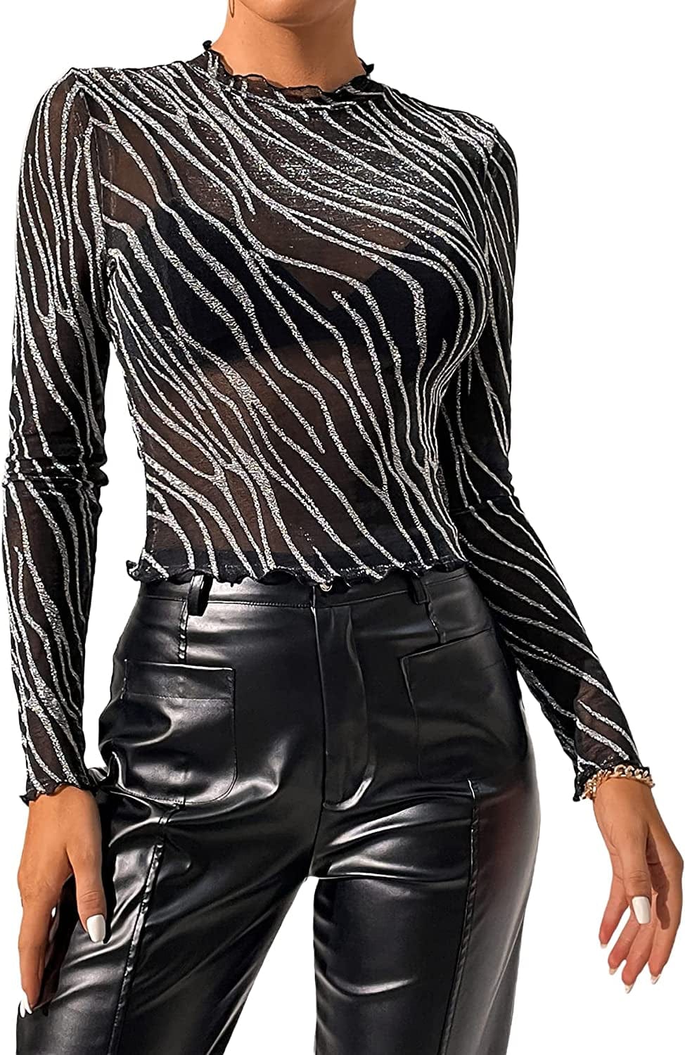 Makemechic Women'S Summer Short Sleeve Tops See through Mesh Sheer Sexy T Shirt Blouse Silver Long Sleeve / Large