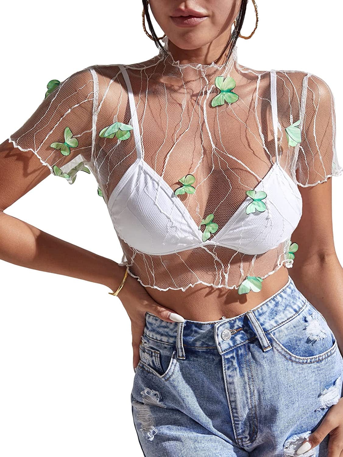 Makemechic Women'S Summer Short Sleeve Tops See through Mesh Sheer Sexy T Shirt Blouse White and Green / X-Small